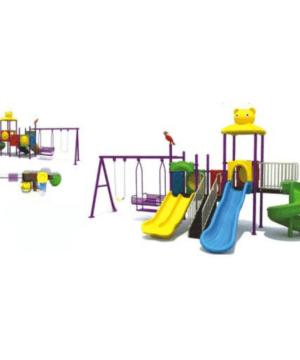Yellow Outdoor Playground 4-slider 1-Cradle 1-Baby Seater Swings And And Yellow Cat Roof