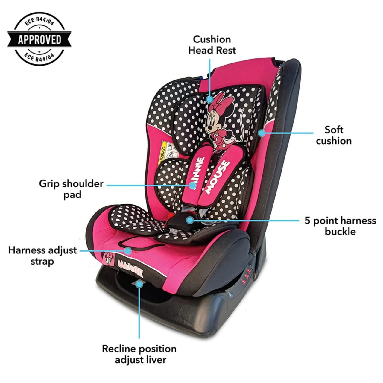 Disney Minnie Mouse Baby/Kids 3-in-1 Car Seat - 4 Position Comfort Recline - ZY19-MINNIE - Image 4