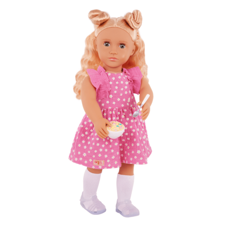 Gillian 18″ Doll with Pink Dress & Rainbow Pajama Outfits - Image 2