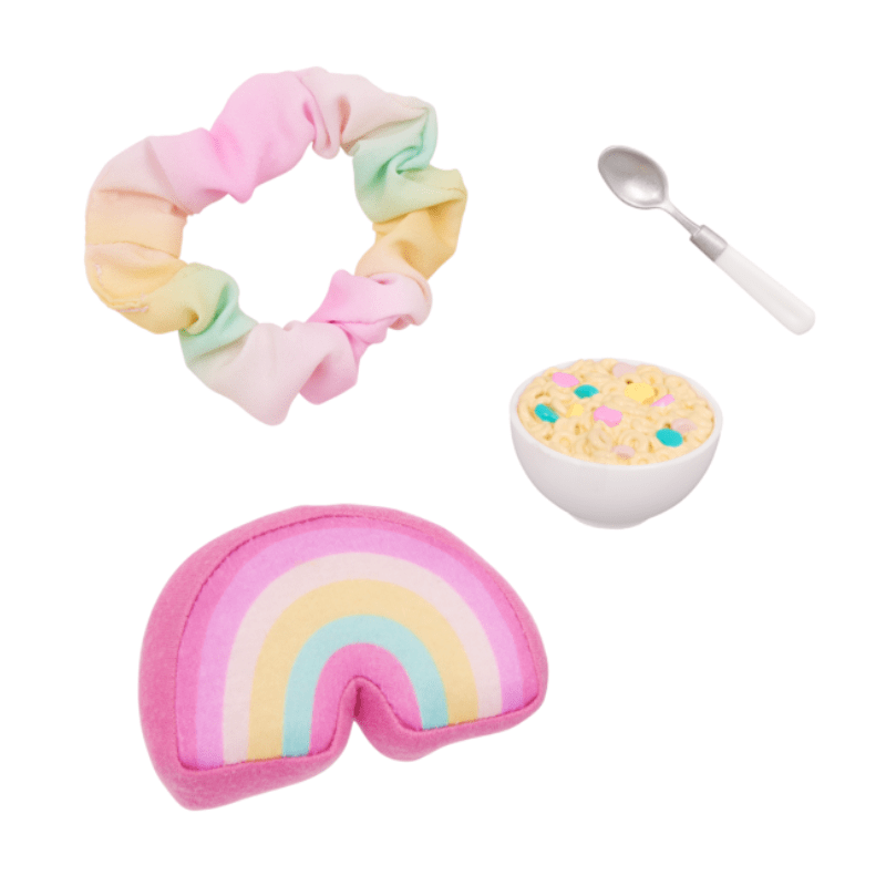 Gillian 18″ Doll with Pink Dress & Rainbow Pajama Outfits - Image 4