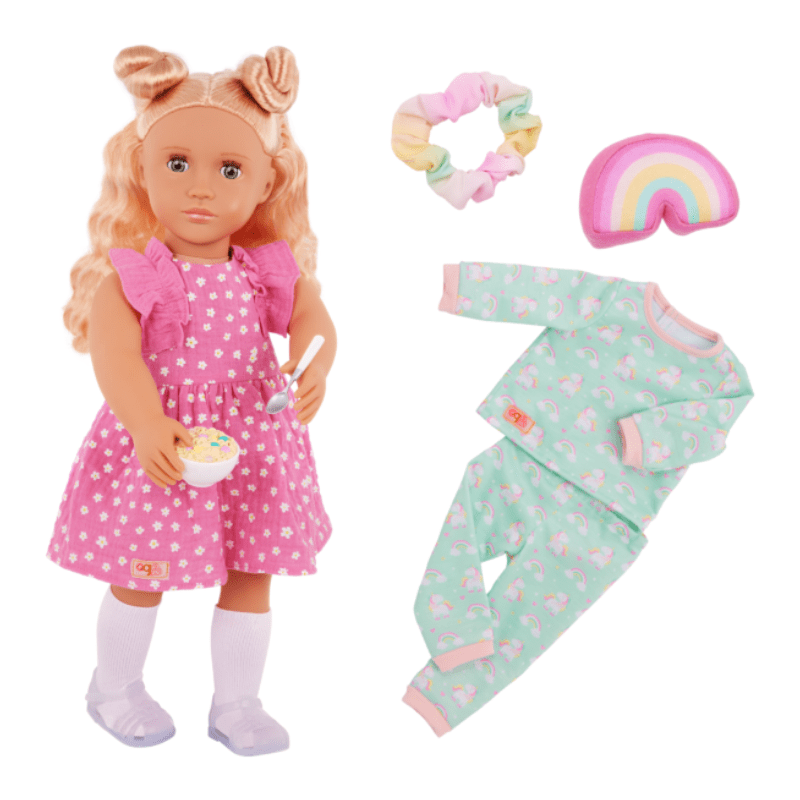 Gillian 18″ Doll with Pink Dress & Rainbow Pajama Outfits