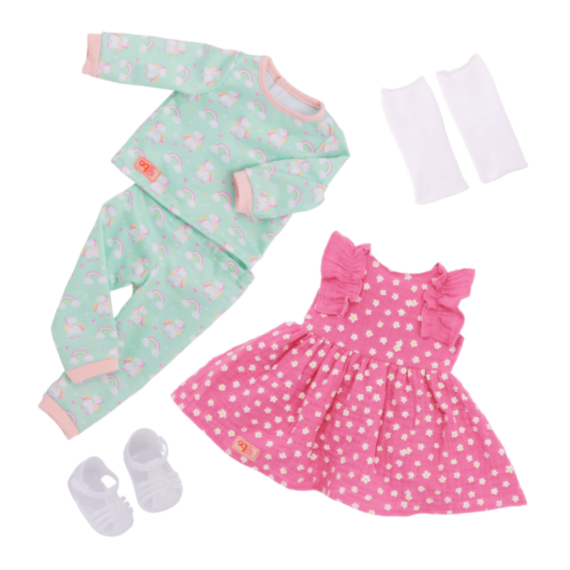 Gillian 18″ Doll with Pink Dress & Rainbow Pajama Outfits - Image 3