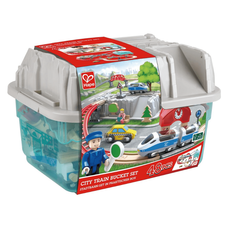Hape City Train Bucket Set 48-Piece Wooden Railway Train Set - Image 4