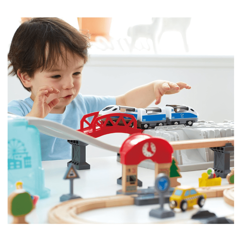Hape City Train Bucket Set 48-Piece Wooden Railway Train Set - Image 3
