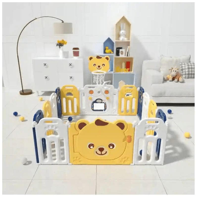 Kids Foldable Fence with Basketball – Yellow Bear Design - Image 2