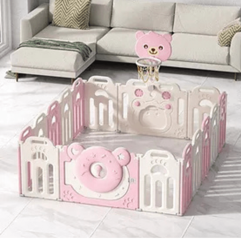 Kids Bear Playpen w/ Basketball Hoop – Pink - Image 2