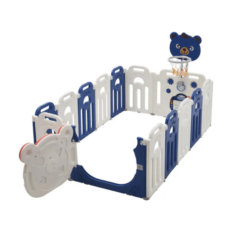 Kids Bear Playpen w/ Basketball Hoop - Blue - Image 2