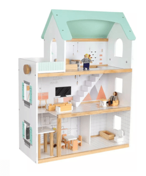 Kids Wooden Furnished Doll House Playset – Green/White