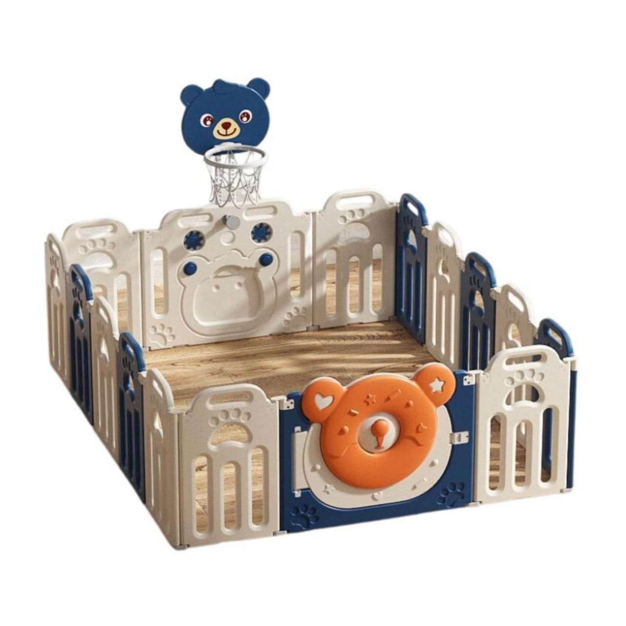Kids Bear Playpen w/ Basketball Hoop - Blue